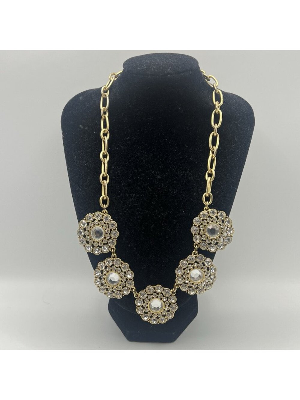 J Crew Crystal Stone Flower Floral Gold Tone Statement Bib Necklace 18-21" Glam - Picture 1 of 7